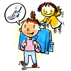 Kind mit Schulranzen, den ein Engel anhebt